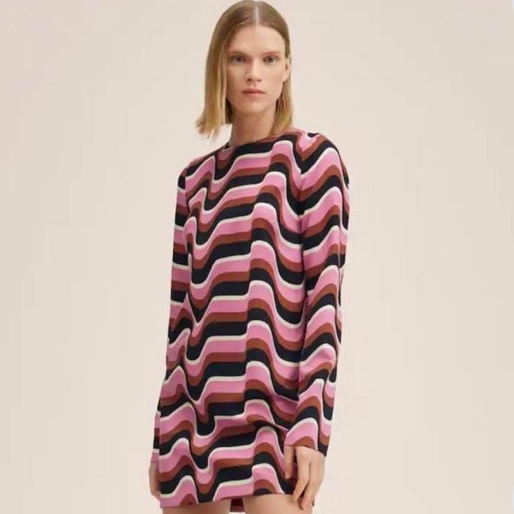 Mango long sleeve round neck swirl printed mini dress
